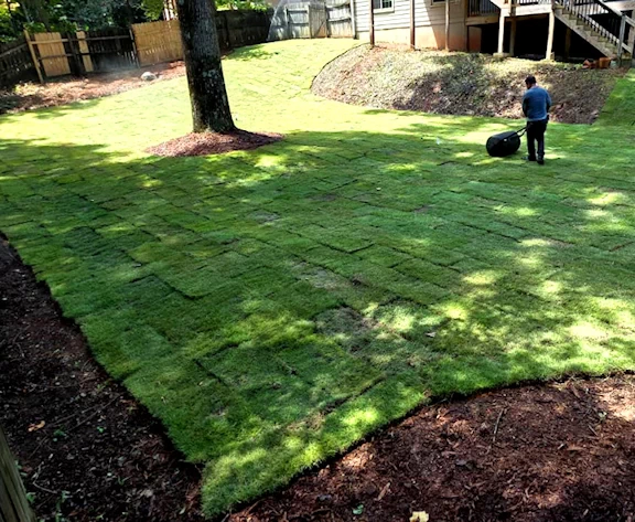 Fresh green sod lawn installation near Atlanta Georgia